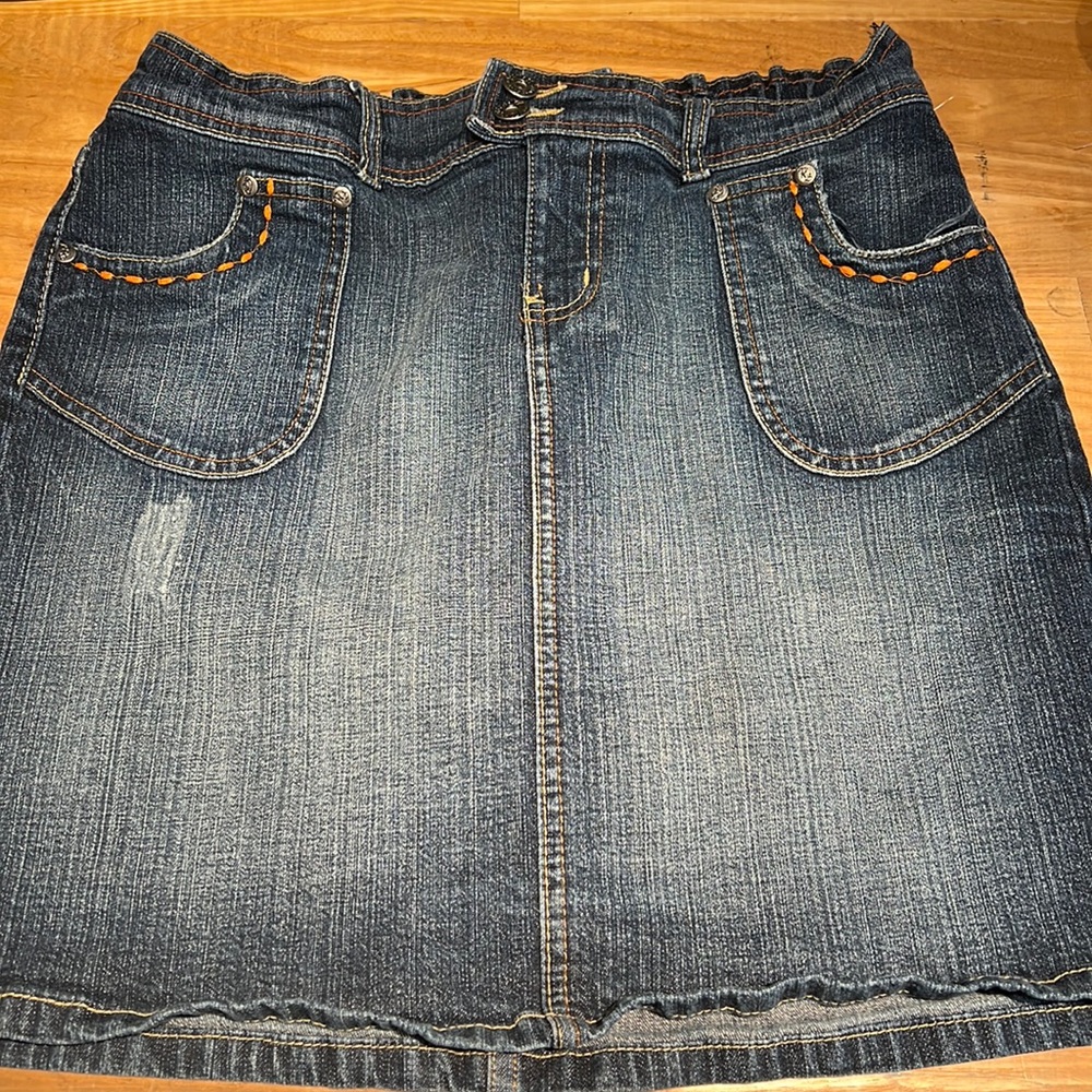 Y2K Paris Blues Denim Mini Skirt, small, embroidered, distressed